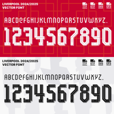 Liverpool 2024/2025 Vector Football Font - Liverpool-Inspired Typeface for Football Jerseys and Design Projects. Available in TTF, OTF, SVG, and EPS formats. Ideal for creating official team kits, sports merchandise, and digital media. Bold, modern font showcasing the iconic Liverpool style, perfect for football enthusiasts and designers.