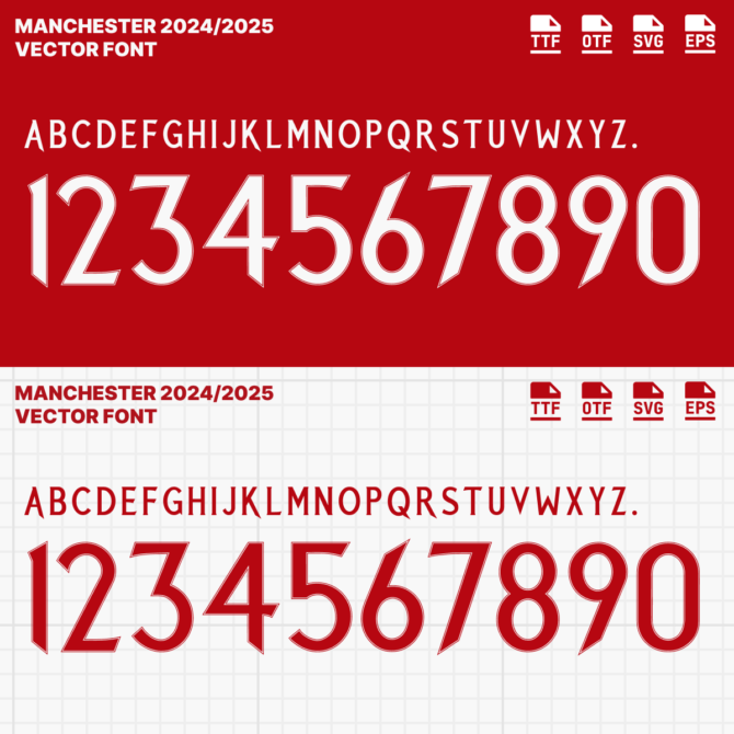 Manchester United 2024/2025 vector font, including full alphabet and numbers, available in TTF, OTF, SVG, and EPS formats for football jersey design.