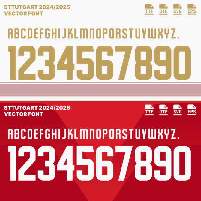 VfB Stuttgart 2024/2025 vector font, including full alphabet and numbers, available in TTF, OTF, SVG, and EPS formats for football jersey design.