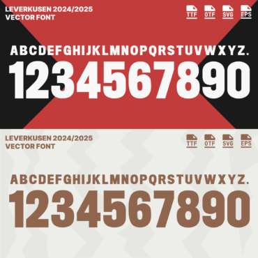 Bayern Leverkusen 2024/2025 vector font, including full alphabet and numbers, available in TTF, OTF, SVG, and EPS formats for football jersey design.