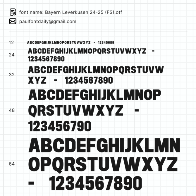 Bayern Leverkusen 2024/2025 vector font, including full alphabet and numbers, available in TTF, OTF, SVG, and EPS formats for football jersey design.