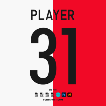 Feyenoord 2024/2025 vector font, including full alphabet and numbers, available in TTF, OTF, SVG, and EPS formats for football jersey design.