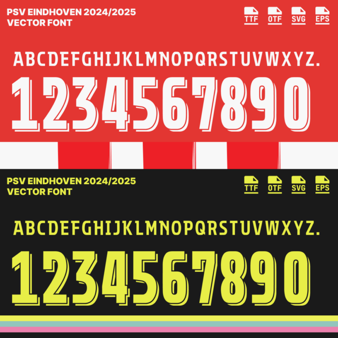 PSV Eindhoven 2024/2025 vector font, including full alphabet and numbers, available in TTF, OTF, SVG, and EPS formats for football jersey design.