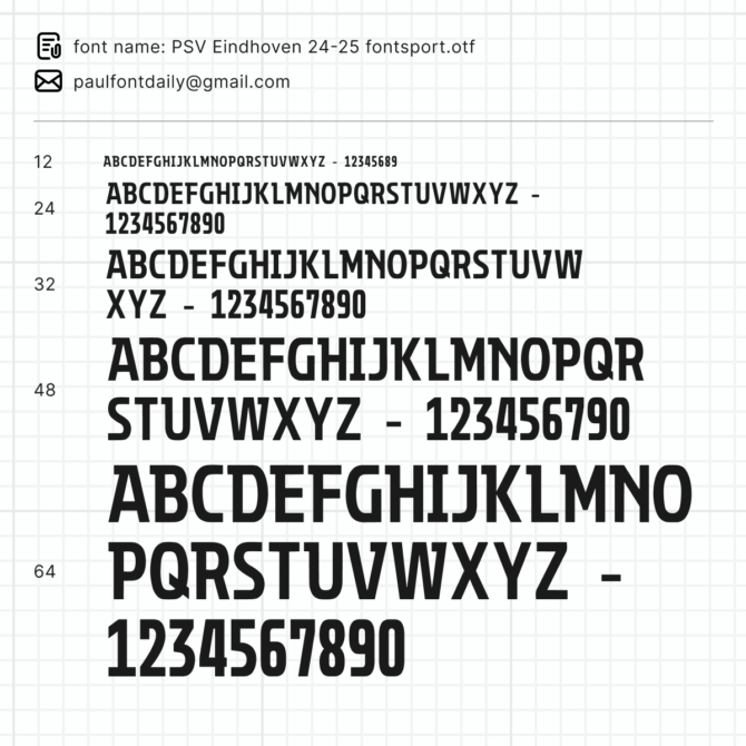 PSV Eindhoven 2024/2025 vector font, including full alphabet and numbers, available in TTF, OTF, SVG, and EPS formats for football jersey design.