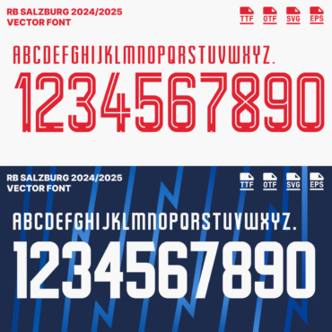 RB Salzburg 2024/2025 vector font, including full alphabet and numbers, available in TTF, OTF, SVG, and EPS formats for football jersey design.