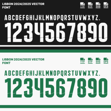 Sporting Lisbon 2024/2025 vector font, including full alphabet and numbers, available in TTF, OTF, SVG, and EPS formats for football jersey design.