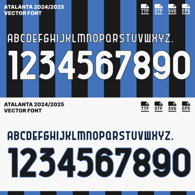 Atalanta 2024/2025 Font Preview - Complete Alphabet and Numbers. High-quality vector typeface inspired by Liverpool's official kit, available for download in TTF, OTF, SVG, and EPS formats. Perfect for graphic designers and football enthusiasts.