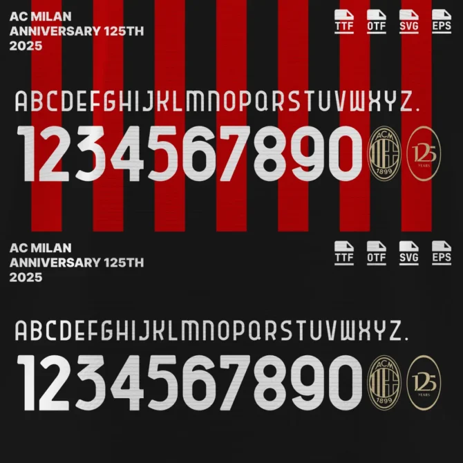 AC Milan 125th 2025 Font Download for Football Jerseys - Uppercase Letters and Numbers, Inspired by Official Bundesliga Kit Design