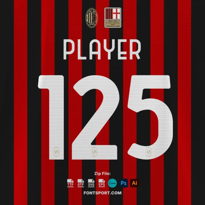 AC Milan 125th 2025 Font Download for Football Jerseys - Uppercase Letters and Numbers, Inspired by Official Bundesliga Kit Design