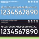 Manchester City Football Club 2024/2025 vector font, including full alphabet and numbers, available in TTF, OTF, SVG, and EPS formats for football jersey design.