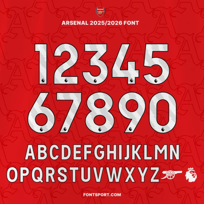 Arsenal FC 2025/2026 Premier League font kit preview showing bold white numbers and uppercase letters on red background with embedded logos for Arsenal and Premier League.