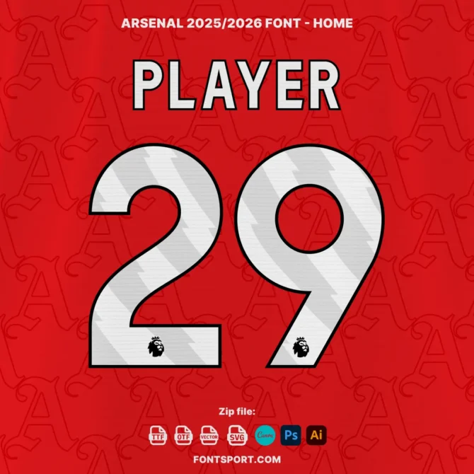 Arsenal FC 2025/2026 home jersey number mockup with “29” using official font kit, including embedded Premier League logo and supported design file formats like OTF, TTF, SVG.