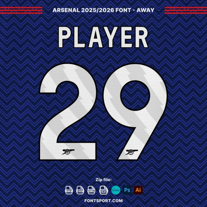 Arsenal 2025/2026 away jersey preview with number “29” using official font and embedded cannon logo, shown on dark blue zigzag pattern background with supported design tools.