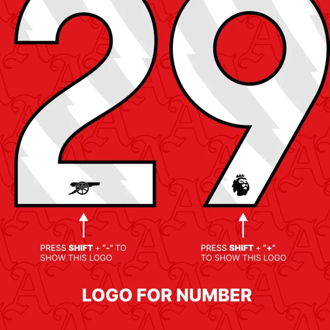 Instructions to reveal Arsenal cannon and Premier League lion logos inside numbers using Shift + "-" or Shift + "+" on the Arsenal 2025/2026 font kit.