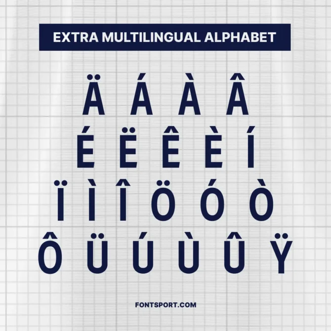 Multilingual character support in Arsenal FC Font Kit 2025/2026 displaying accented Latin characters such as Ä, É, Ü, and Û for international typography compatibility.