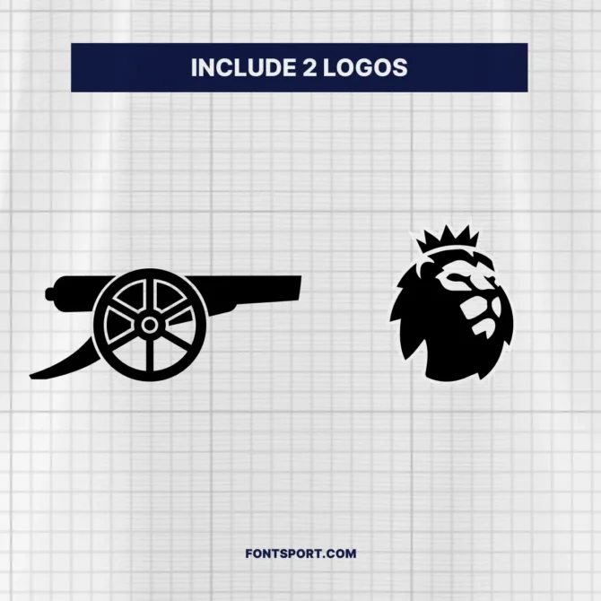 Embedded logos included in the Arsenal 2025/2026 font kit showing Arsenal FC’s iconic cannon and the Premier League lion silhouette in vector style.