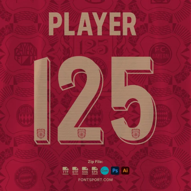 Bayern Munich Anniversary 125th 2025 Font Download for Football Jerseys - Uppercase Letters and Numbers, Inspired by Official Bundesliga Kit Design