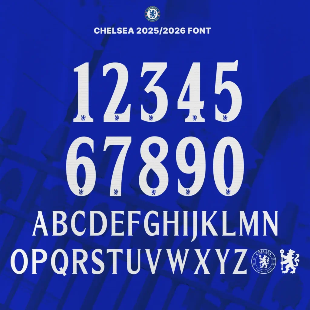 Chelsea FC 2025/2026 Premier League font preview featuring white bold numerals and uppercase letters on blue background, with embedded Chelsea logos.