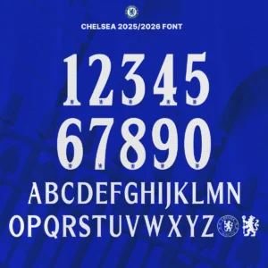 Chelsea FC 2025/2026 Premier League font preview featuring white bold numerals and uppercase letters on blue background, with embedded Chelsea logos.