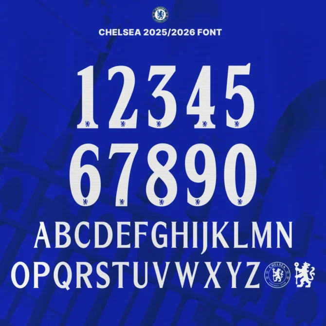 Chelsea FC 2025/2026 Premier League font preview featuring white bold numerals and uppercase letters on blue background, with embedded Chelsea logos.