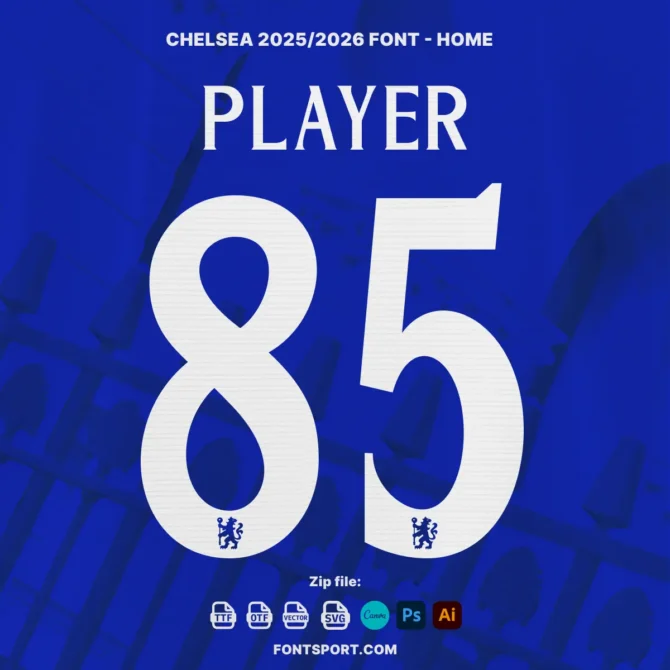 Chelsea FC 2025/2026 home jersey mockup with number “85” and embedded lion logo in digits, showcasing font compatibility with Canva, Adobe, Figma, and more.