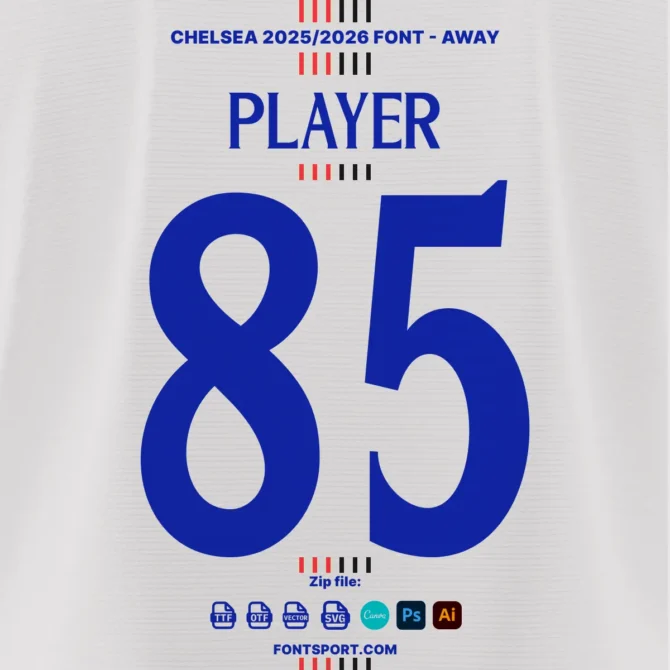 Chelsea FC 2025/2026 away kit font display with number “85” in blue, demonstrating jersey typography with font support for TTF, OTF, SVG, and major design tools.