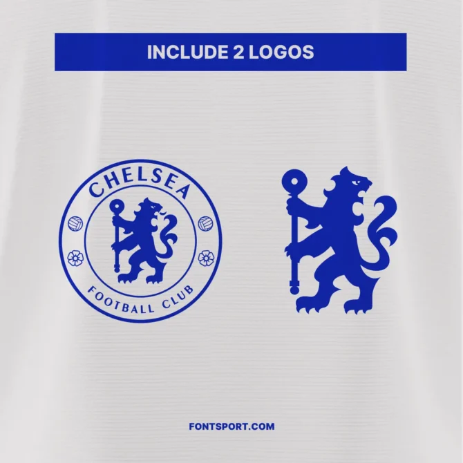 Chelsea FC Font Kit 2025/2026 includes two built-in logos: official Chelsea Football Club badge and classic lion symbol, displayed in blue on white background.