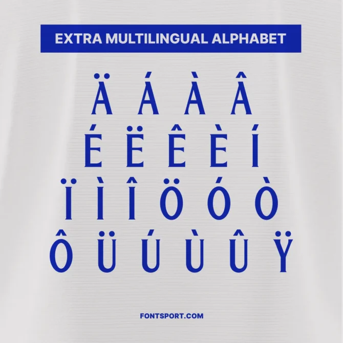Multilingual character support in Chelsea FC 2025/2026 font kit, showing accented uppercase letters including Ä, É, Ö, and Ù for global usability.