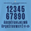 Manchester City UCL 2025/2026 font complete character set, featuring bold numbers and multilingual capital letters with embedded logos.