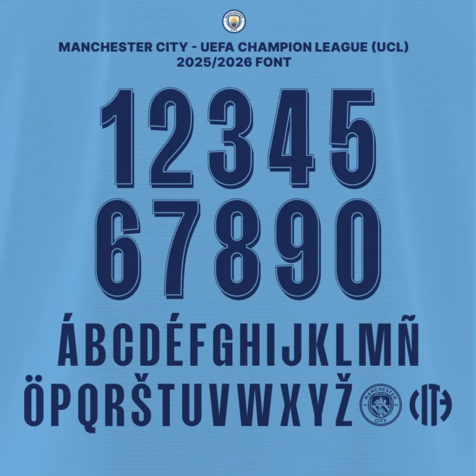 Manchester City UCL 2025/2026 font complete character set, featuring bold numbers and multilingual capital letters with embedded logos.