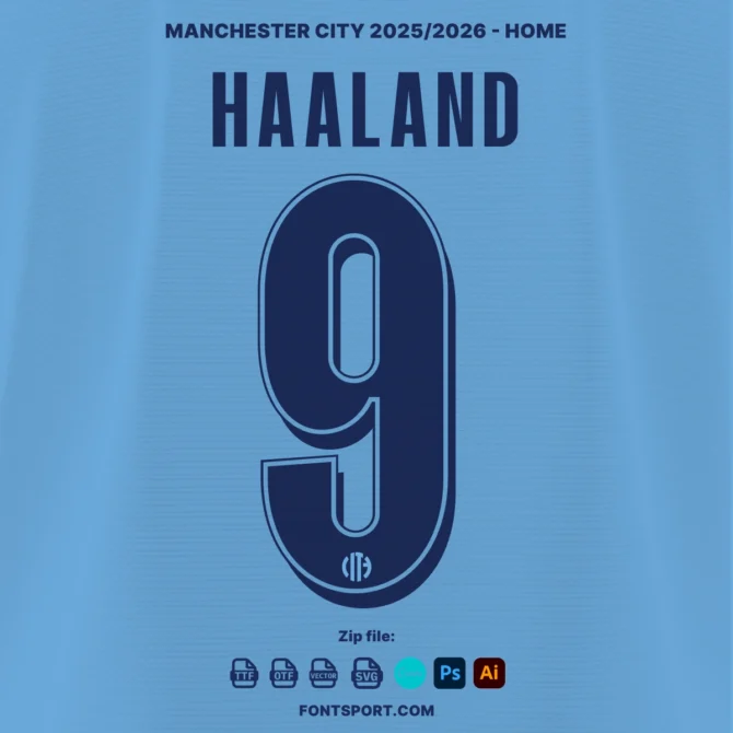 Erling Haaland number 9 jersey preview using Manchester City UCL 2025/2026 font with embedded logos and design software compatibility icons.