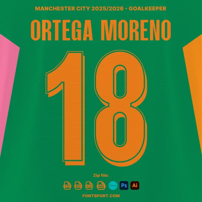 Ortega Moreno number 18 jersey preview using Manchester City UCL 2025/2026 font with embedded logos and design software compatibility icons.