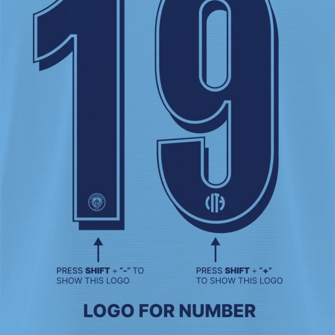 Instructions for activating built-in logos in the Manchester City 2025/2026 UCL font by typing Shift + “-” and Shift + “+” on keyboard.