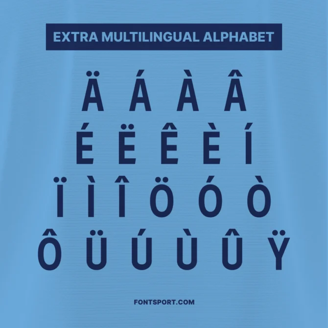 Multilingual alphabet showcase of Manchester City 2025/2026 font, featuring accented characters like Ä, É, Î, and Ö on light blue background.