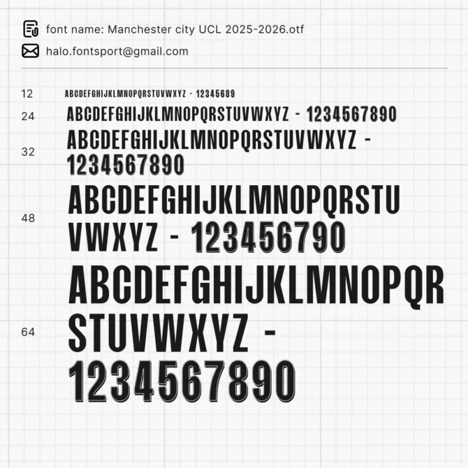 Preview of Manchester City UCL 2025/2026 font in multiple sizes, showing uppercase letters and numbers with bold, athletic design.