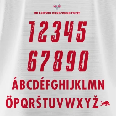 RB Leipzig 2025/2026 font kit showcasing numbers 0–9, multilingual uppercase letters, and Red Bull logo