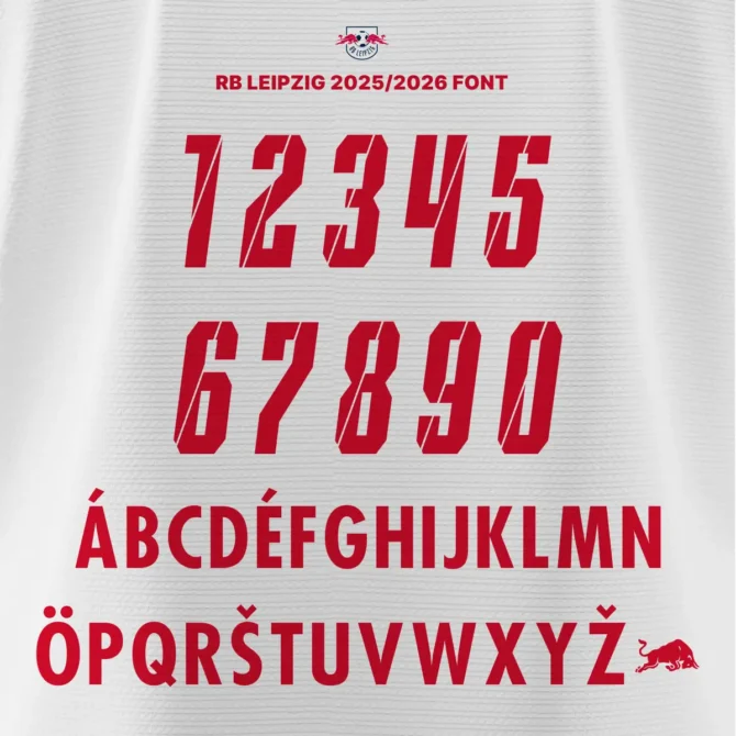 RB Leipzig 2025/2026 font kit showcasing numbers 0–9, multilingual uppercase letters, and Red Bull logo