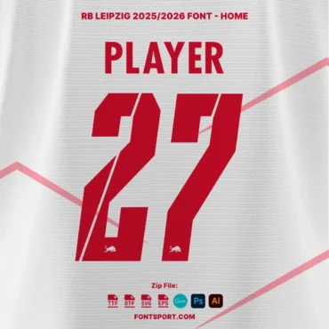 RB Leipzig 2025/2026 home font preview with number 27 and Red Bull logo on white jersey
