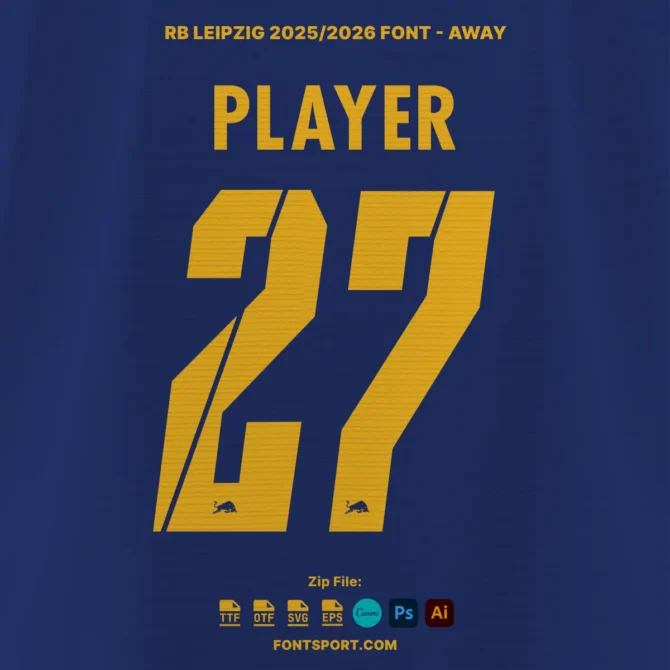 RB Leipzig 2025/2026 away font kit featuring number 27 in yellow with Red Bull logo on navy background