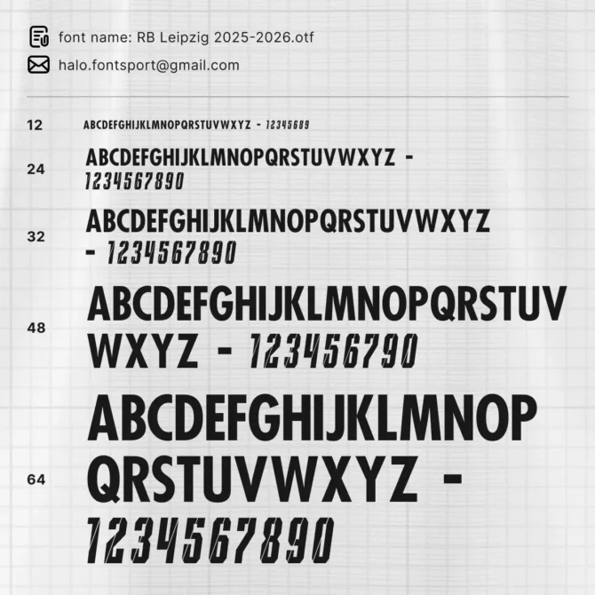 RB Leipzig 2025/2026 font weight and style preview with A-Z uppercase and numeric glyphs at various sizes