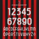 AC Milan 2025/2026 font kit preview showing uppercase letters A–Z and numbers 0–9 with multilingual accents and AC Milan crest on red and black stripes.