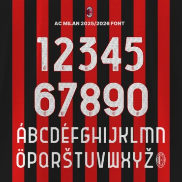 AC Milan 2025/2026 font kit preview showing uppercase letters A–Z and numbers 0–9 with multilingual accents and AC Milan crest on red and black stripes.