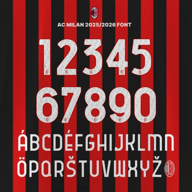 AC Milan 2025/2026 font kit preview showing uppercase letters A–Z and numbers 0–9 with multilingual accents and AC Milan crest on red and black stripes.