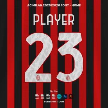 AC Milan 2025/2026 home jersey number mockup using official font kit with number 23, embedded club logo, and compatibility icons for TTF, OTF, SVG, EPS, Canva, Adobe.