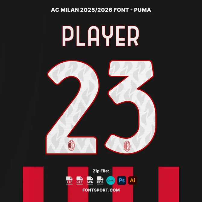 AC Milan 2025/2026 Puma-style font kit displayed on dark background with red trim; jersey number “23” featuring wave pattern and embedded logo in high resolution.