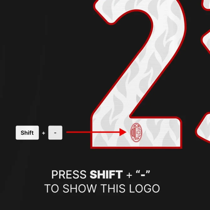 Instructions for revealing AC Milan logo inside numbers in the 2025/2026 font kit by pressing Shift + “-” key; logo embedded directly within the typeface.