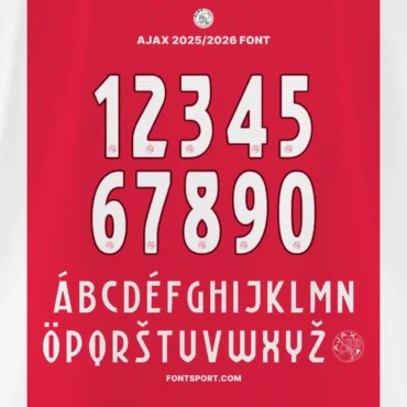 Ajax 2025/2026 font kit display – full A-Z uppercase and 0-9 numbers with Ajax Amsterdam logo, inspired by Eredivisie season typography