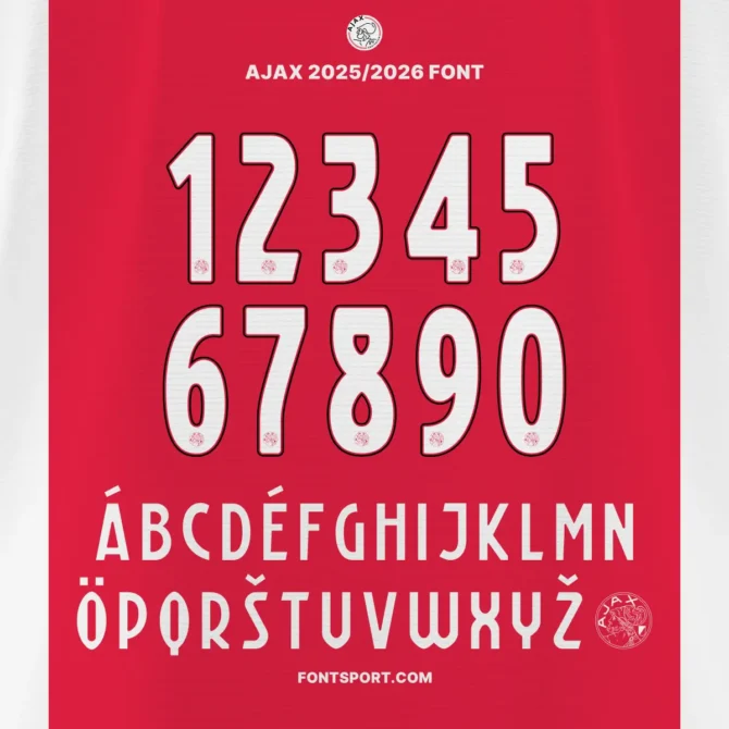 Ajax 2025/2026 font kit display – full A-Z uppercase and 0-9 numbers with Ajax Amsterdam logo, inspired by Eredivisie season typography