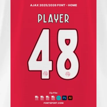 Ajax 2025/2026 jersey font home version – bold white outlined numbers and player name with built-in Ajax emblem in red background