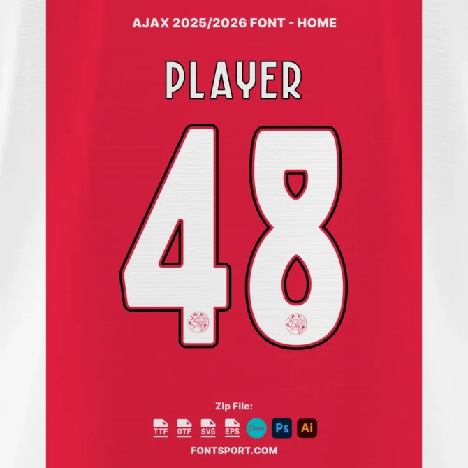 Ajax 2025/2026 jersey font home version – bold white outlined numbers and player name with built-in Ajax emblem in red background